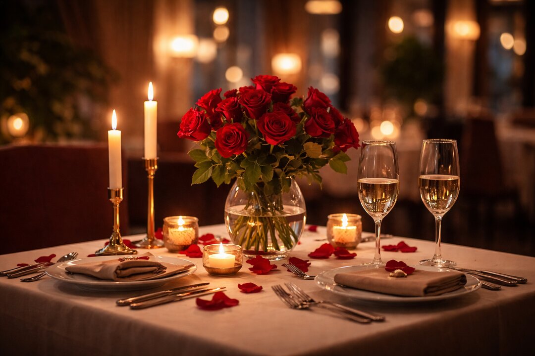 Mesa preparada para una cena romántica, referencia